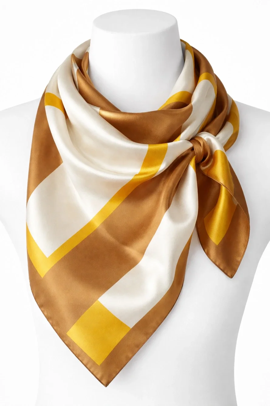Colorblock Silk-Feel Square Scarf White Gold Brown Chic Minimalist Style 22.5